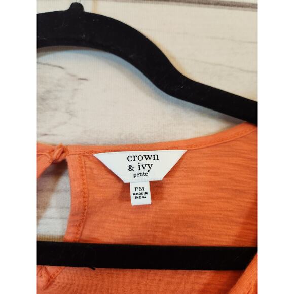 Crown & Ivy Women's Orange Crochet Short Sleeve Round Neck Blouse‎ Petite Medium - Picture 3 of 6